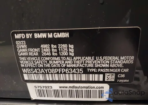 2023 BMW M3 Competition xDrive z USA, uszkodzony, nr VIN WBS43AY08PFP63435